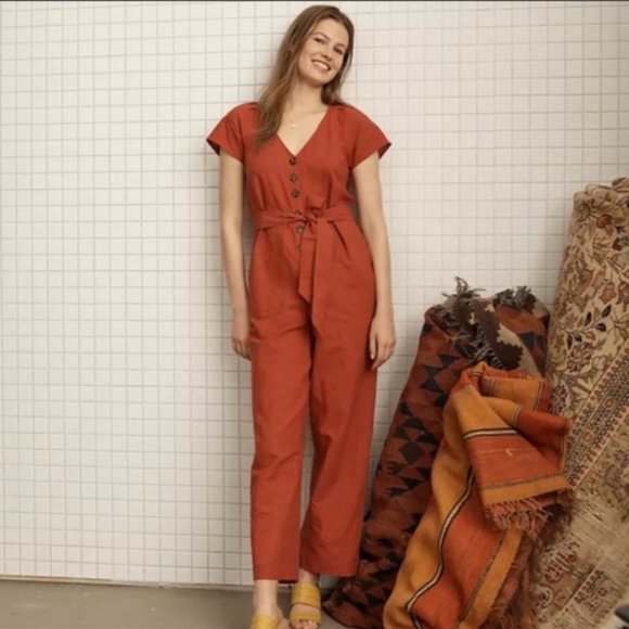 Madewell Pants - Madewell Women Pleat-Sleeve Jumpsuit 16 Short Sleeve Linen Cotton Cinnab…